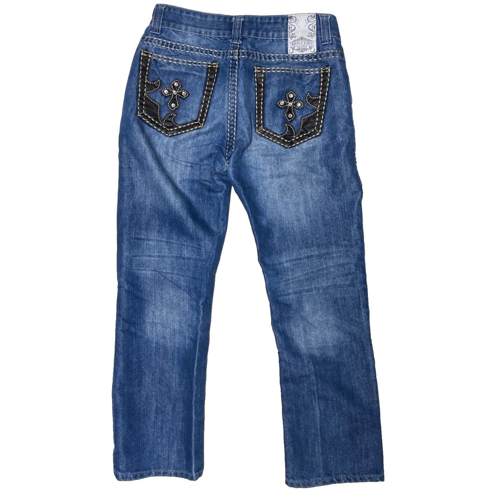 Montero Jeans White Stitch Faux Leather Cross Pockets Denim Blue Jeans 32x30